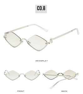 Three views of silver metal half-frame diamond sunglasses with clear geometric lenses
