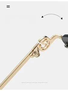 Macro shot of durable golden metal hinge with G-shaped logo on semi-rimless sunglasses