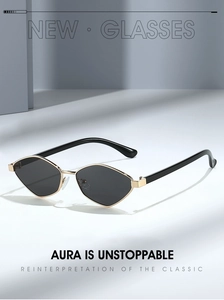 Detail shot of modern geometric sunglasses with gold metal hinges and dark grey lenses