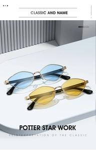 Irregular polygonal sunglasses with blue and yellow lenses on a modern podium display