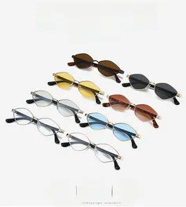 Detailed overhead view of small octagonal metal sunglasses in seven various frame colors