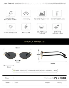 Detailed chart showing UV400 protection and exact dimensions of cat-eye sunglasses