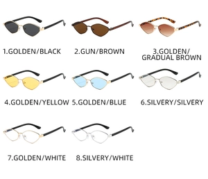 Collage of irregular polygonal sunglasses with metal frames in eight stylish color variants
