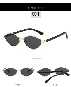 Detailed multi-angle view of geometric metal sunglasses with gray lenses and gold frames