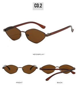Detailed views of geometric polygonal sunglasses with brown lenses and metal frame