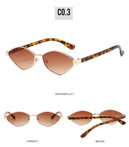 Three-angle display of irregular geometric sunglasses with tea gradient lenses and gold frame