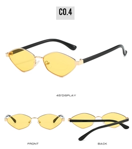 Detailed views of geometric cat eye sunglasses with gold frames and yellow lenses