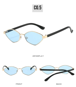 Three-way view of gold polygonal sunglasses with light blue lenses and black temples