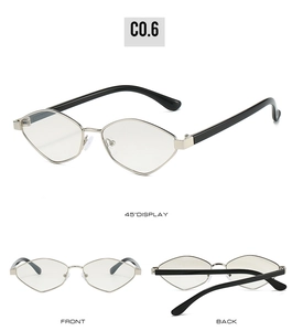 Three-angle views showing front, back, and 45-degree side of geometric metal sunglasses
