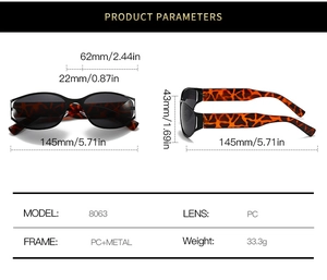 Diagrama técnico de gafas de sol ovaladas Y2K con medidas detalladas de las dimensiones