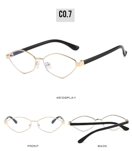 Three-way view of cat-eye geometric sunglasses with gold metal rims and black temples