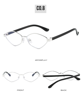 Three views showing geometric silver metal frames with black temples in detail
