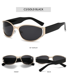 Vista detallada de gafas de sol ovaladas de metal calado en oro y negro desde varios ángulos