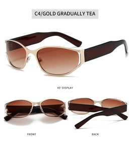 Diseño de tres vistas de gafas de sol Y2K con montura dorada y lentes color té