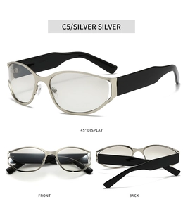 Vista de tres ángulos de las gafas de sol Y2K de metal hueco con montura plateada y negro