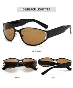 Tres vistas de gafas de sol Y2K ovaladas con montura negra y lentes de color té