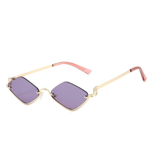 Fashionable geometric rhombus sunglasses with purple lenses and thin gold metal frames