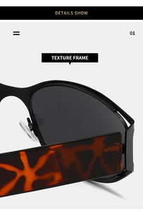 Detalle de gafas de sol ovales Y2K con patillas de leopardo y montura negra de calidad