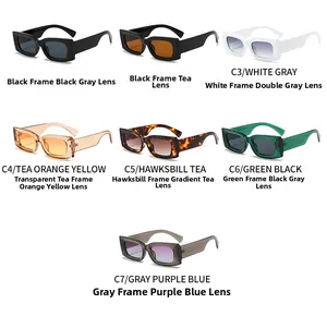 Matrix display of rectangle sunglasses in seven colors including black, white and tortoiseshell