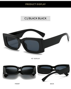 Detailed views of black rectangular sunglasses showing front, back, and 45-degree angles