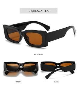 Detail view of concave square sunglasses with black frames and tea lenses from multiple angles