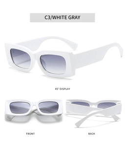 Detailed views of C3 white square sunglasses with gray gradient lenses and wide temples