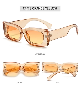 Detail view of concave orange sunglasses with transparent frame from multiple angles
