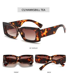 Three-angle views of retro rectangle tortoise shell sunglasses in hawksbill tea finish