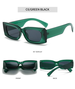 Three-angle display of rectangular dark green sunglasses with polished black lenses