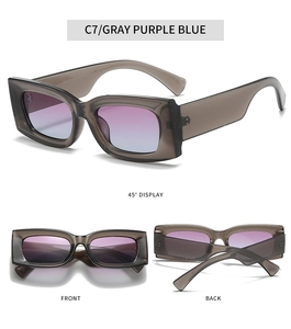 Detail view of concave square sunglasses in grey transparent frame with gradient lenses
