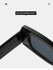 Detailed macro view of the secure mirror shaft hinge on black square sunglasses