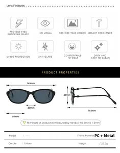 Detailed size specifications for cat eye sunglasses featuring PC and metal frame parameters