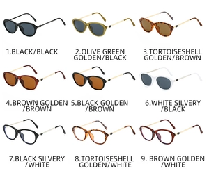 Collection of nine stylish cat-eye glasses frames in varied colors with metal temples