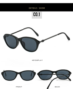 Detailed views of black cat-eye sunglasses with oval frames and gray lenses at three angles
