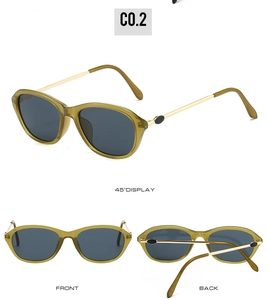 Three views of olive green cat-eye sunglasses with gold metal temples and grey lenses