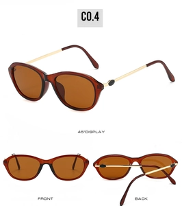 Detailed views of vintage cat-eye sunglasses with amber lenses and gold metal temples
