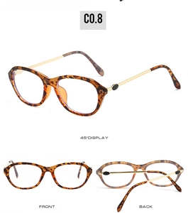 Detailed three-view layout of retro tortoiseshell cat-eye glasses with golden metal temples