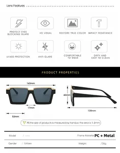 Detailed dimension chart showing a 143mm wide black square frame sunglasses with metal trim