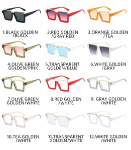 Matrix of twelve square semi-rimless sunglasses in various frame and lens colors