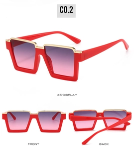 Detailed views of red square half-frame sunglasses with golden metal trim and gradient lenses
