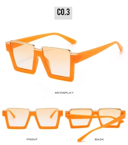 Three-angle views of square semi-rimless sunglasses with orange frames and gold metal accents