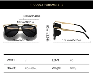 Detailed dimension guide for Y2K oversized sunglasses with gold metal temples