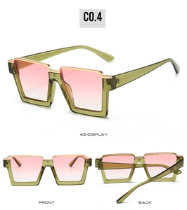 Three perspectives of olive green semi-rimless sunglasses with gold accents and pink lenses