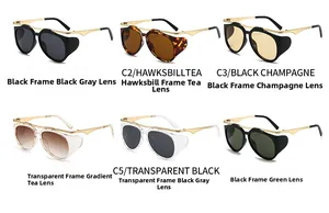 Matrix display of Y2K irregular sunglasses in six colors with metallic gold temples