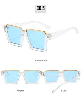 Three-way view of square half-frame sunglasses with blue lenses and gold metal trim detail
