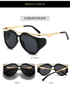 Y2K steampunk sunglasses in black and gold finish shown from multiple product angles