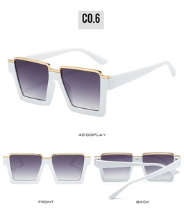 Three-view display of vintage square sunglasses with white frame and purple gradient lenses
