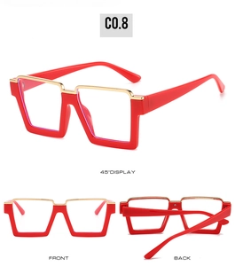 Front, back, and 45-degree views of square red frames with gold metal top bar accents