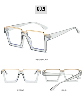 Three-angle views of square semi-rimless glasses with gold metal bar and grey frame