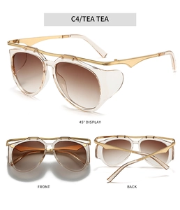 Detailed views of C4 Tea Tea pilot sunglasses with side shields and metal frame